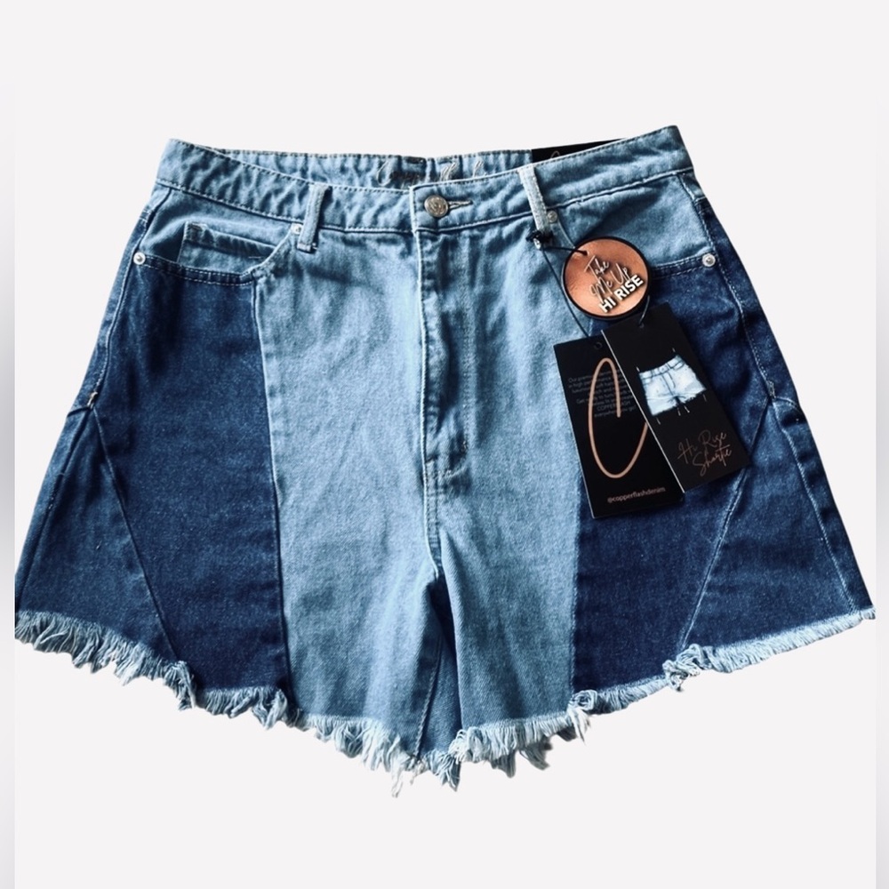 Copperflash sz 8 Two-Tone dark & light blue wash High Rise Shortie Jean Shorts